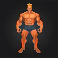 Muscular Male Character with Yellow Spiky Hair Blue Shorts Athletic Build Against Black Background