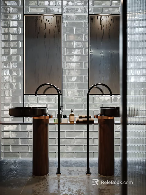 Modern Luxury Double Washbasin With Dark Countertops And Glass Brick Bathroom Wall 3d model 