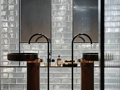 Modern Luxury Double Washbasin With Dark Countertops And Glass Brick Bathroom Wall 3d model