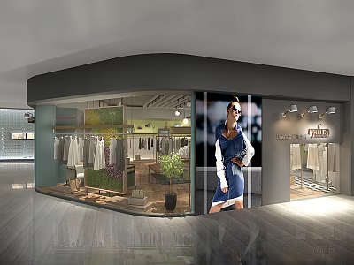 Modern Mall Clothing Store with Glass Window Display Fashion Mannequin Racks Green Plants and Lighting 3d model