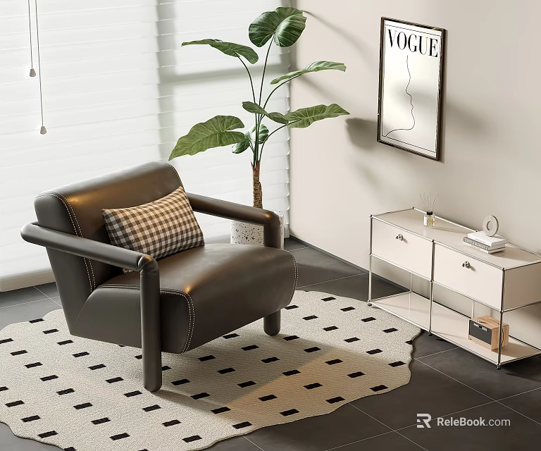 Modern Leather Leisure Chair With Plaid Cushion Green Plant Side Table And Geometric Rug 3d model 