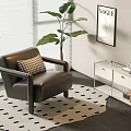 Modern Leather Leisure Chair With Plaid Cushion Green Plant Side Table And Geometric Rug