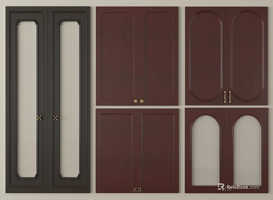 Various Cabinet Door Components With Glass Arched Panels And Brass Handles 3d model 