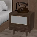 Wooden Nightstand With Rattan Drawer And Vintage Telephone On Bedroom Side