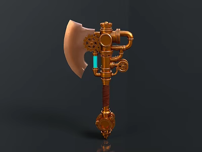 Steampunk Axe Mechanical Design With Brass Gears Copper Pipes And Blue Glowing Element 3d model