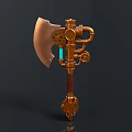Steampunk Axe Mechanical Design With Brass Gears Copper Pipes And Blue Glowing Element