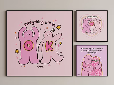 Pink Background Decorative Wall Art With Hugging Cartoon Characters And Motivational Quotes 3d model