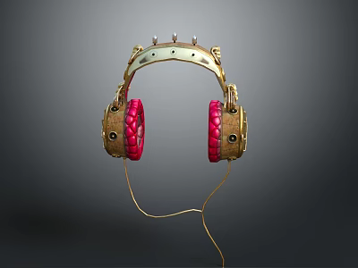 Vintage Wired Headphones With Golden Metal Frame Red Braided Texture Ear Cushions 3d model