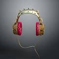 Vintage Wired Headphones With Golden Metal Frame Red Braided Texture Ear Cushions