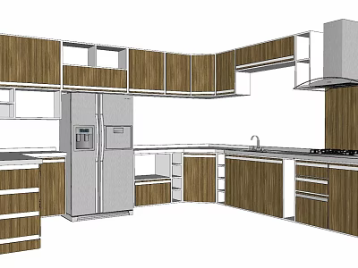 Modern Wooden Kitchen Cabinets With Corner Layout Refrigerator Sink And Stove 3d model