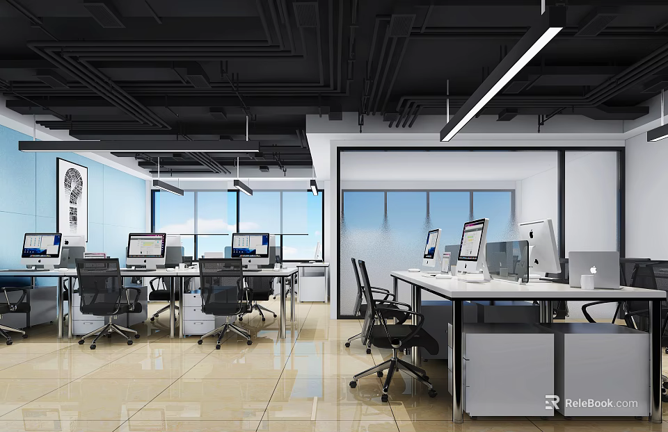 Modern Public Office Space Featuring Open Layout Desks Computers Office Chairs And Ceiling Lights 3d model