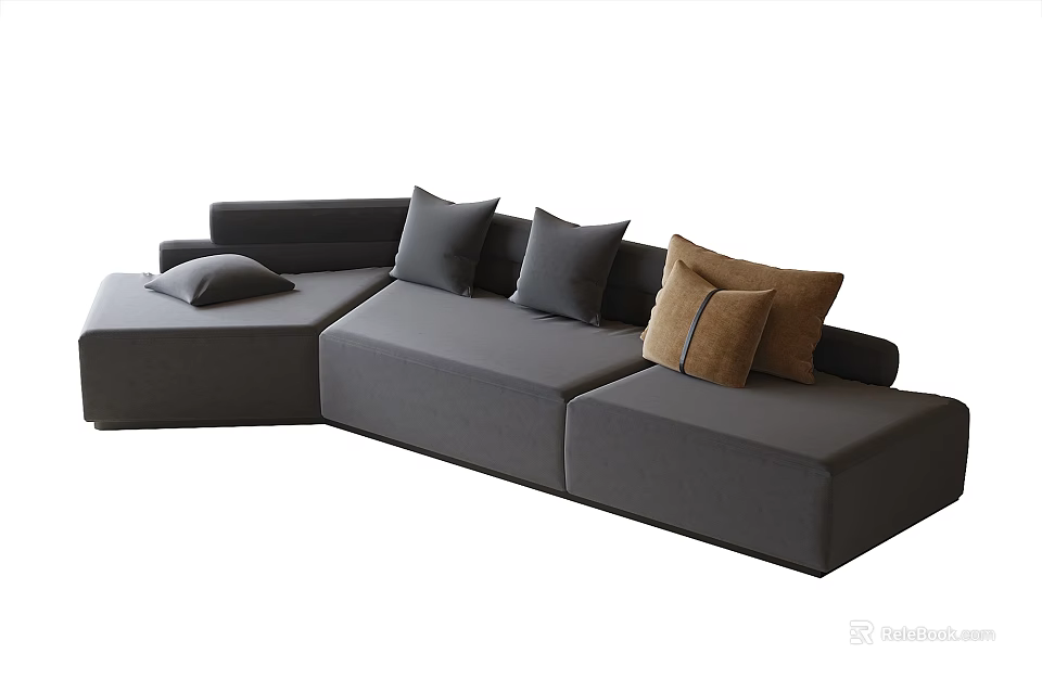 Modern Gray Sectional Sofa with Multiple Cushions and Brown Accent Pillows 3d model