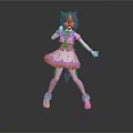 3D Animated Character Model With Pink White Outfit Cat Ears Tail And Dancing Pose