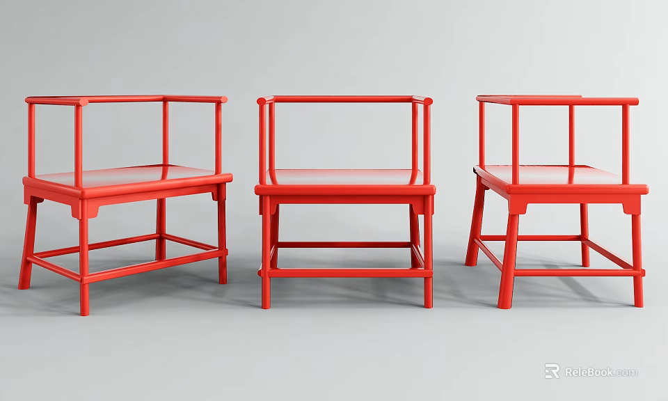 Three Red Modern Leisure Chairs With Simple Frame Design In Row 3d model