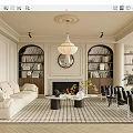 Elegant Living Room Interior Design With White Sofa Fireplace Checkered Rug And Bookshelves