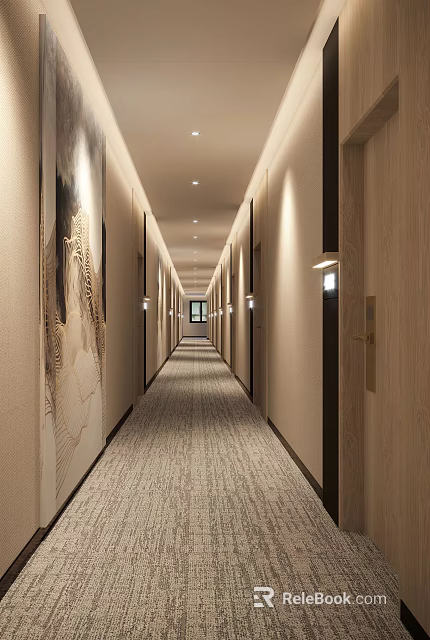 Modern Hotel Corridor With Light Colored Walls Decorative Paintings Wall Lamps And Carpeted Floor 3d model 