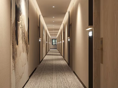 Modern Hotel Corridor With Light Colored Walls Decorative Paintings Wall Lamps And Carpeted Floor 3d model