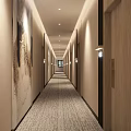 Modern Hotel Corridor With Light Colored Walls Decorative Paintings Wall Lamps And Carpeted Floor