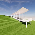 Modern Landscape Pavilion With White Roof On Green Grass Terraced Terrain Under Cloudy Sky