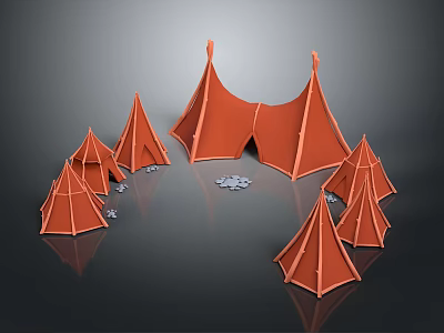Orange Tents Furniture With Multiple Small Tents Surrounding Large One On Reflective Surface 3d model