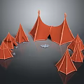 Orange Tents Furniture With Multiple Small Tents Surrounding Large One On Reflective Surface