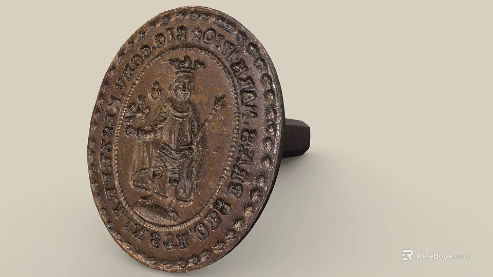 Ancient Bronze Oval Seal With Embossed Figure And Inscribed Text Around 3d model 