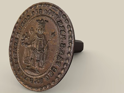 Ancient Bronze Oval Seal With Embossed Figure And Inscribed Text Around 3d model
