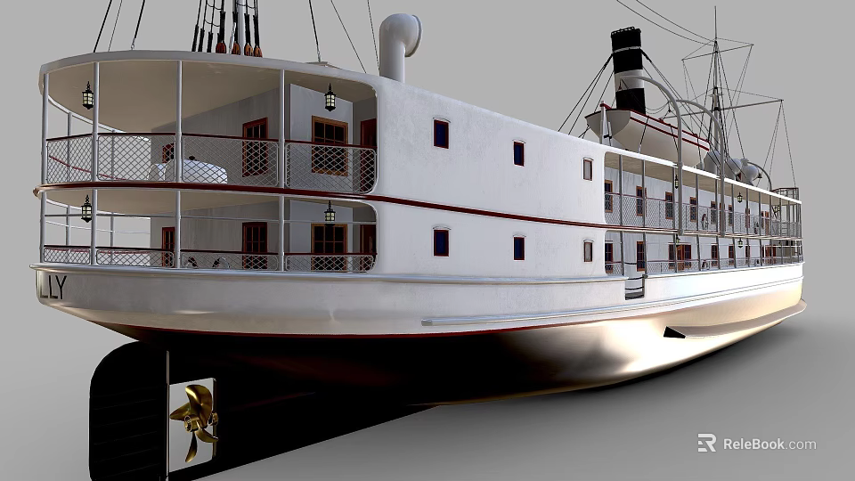 Vintage White Steamboat With Multiple Decks Railing And Exterior Windows 3d model 