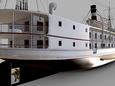Vintage White Steamboat With Multiple Decks Railing And Exterior Windows 3d model