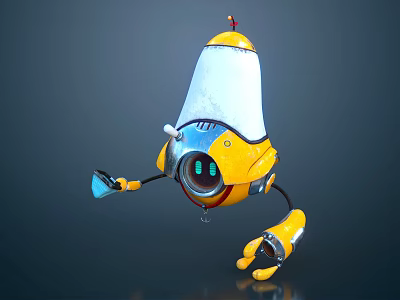 Cartoon Yellow Robot Character With Mechanical Head Green Eyes Red Top And Legs 3d model