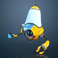 Cartoon Yellow Robot Character With Mechanical Head Green Eyes Red Top And Legs