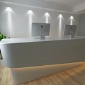 Modern Reception Area With White Desk Two Computers Spotlights And Green Plants 3d model