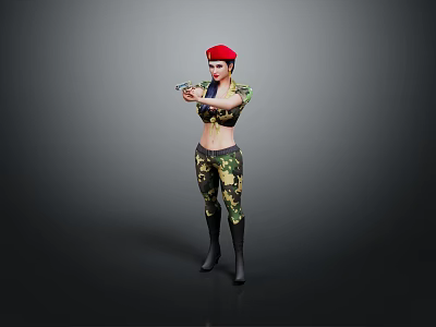 Female Character In Camouflage Uniform With Red Beret Holding Gun Against Gray Background 3d model