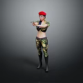 Female Character In Camouflage Uniform With Red Beret Holding Gun Against Gray Background