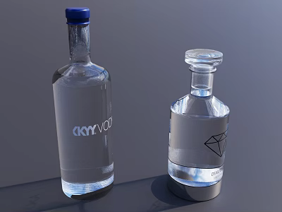 Two Liquor Glass Bottles With Blue Cap CROVACO Label Clear Cap Diamond Design Transparent Liquid 3d model