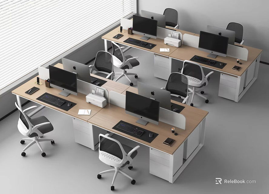 Modern Office Desks With Multiple Workstations Computer Monitors Keyboards And Ergonomic Chairs 3d model