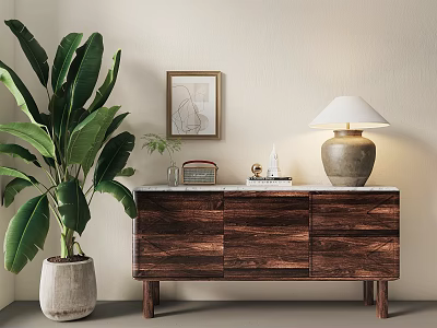 Wooden Console Cabinet With Marble Top Large Green Plant Table Lamp And Wall Frame 3d model