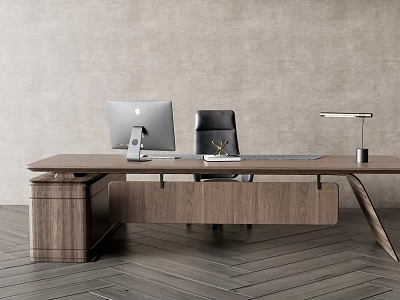 Modern Wooden Office Desk Interior With Mac Computer Black Chair Table Lamp And Decor 3d model
