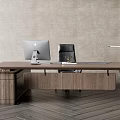 Modern Wooden Office Desk Interior With Mac Computer Black Chair Table Lamp And Decor