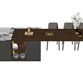Modern Dining Table Set With Wooden Top Chairs Kitchen Counter And Tableware Plant