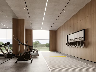 Modern Entertainment Room With Fitness Equipment Large Windows And Wooden Walls 3d model