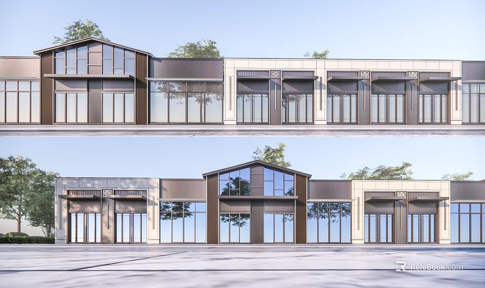 Modern Commercial Street Exterior With Large Windows Two Story Buildings And Trees 3d model 