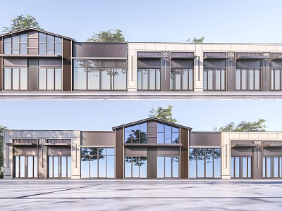 Modern Commercial Street Exterior With Large Windows Two Story Buildings And Trees 3d model