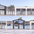 Modern Commercial Street Exterior With Large Windows Two Story Buildings And Trees