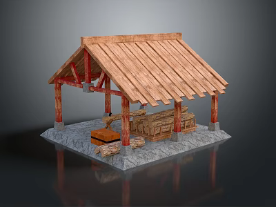 Traditional Wooden Shed Structure With Sloped Roof Wooden Pillars And Firewood Stack On Stone Base 3d model