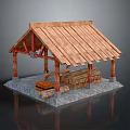 Traditional Wooden Shed Structure With Sloped Roof Wooden Pillars And Firewood Stack On Stone Base