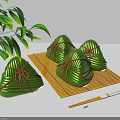 Traditional Green Zongzi Tied with Brown String on Bamboo Mat with Bamboo Leaves and Chopsticks