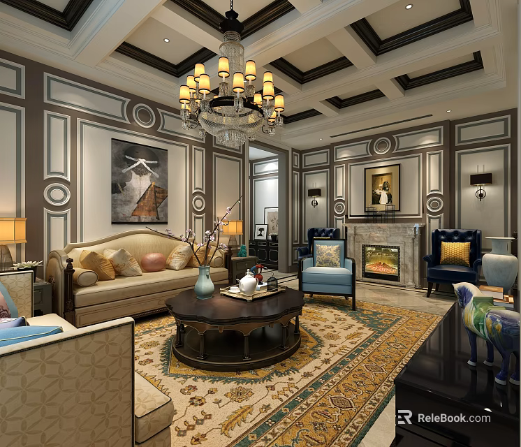 Elegant Living Room Interior With Chandelier Decorative Walls Sofa And Fireplace 3d model 