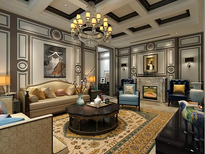 Elegant Living Room Interior With Chandelier Decorative Walls Sofa And Fireplace 3d model
