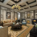 Elegant Living Room Interior With Chandelier Decorative Walls Sofa And Fireplace